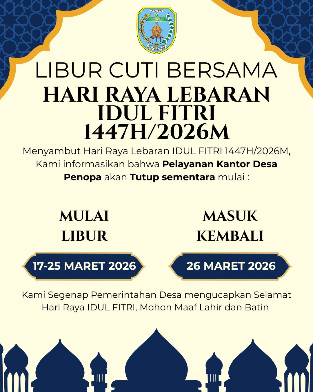 Pengumuman Cuti Bersama Idul Fitri 2026: Layanan Desa Penopa Tutup Sementara